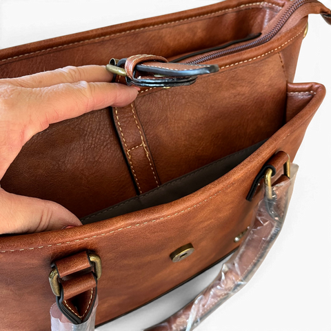 Cotton Road Handbag: BROWN PU Leather Handbag with Strap Detail for Women