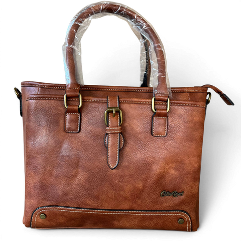 Cotton Road Handbag: BROWN PU Leather Handbag with Strap Detail for Women