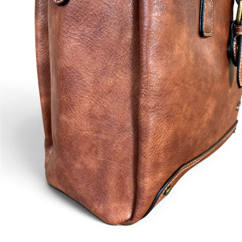 Cotton Road Handbag: BROWN PU Leather Handbag with Strap Detail for Women