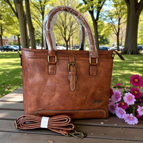 Cotton Road Handbag: BROWN PU Leather Handbag with Strap Detail for Women