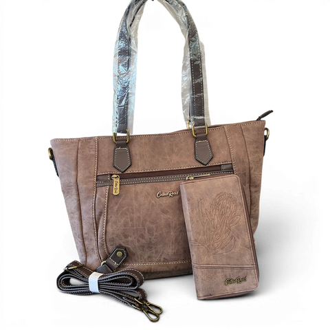 Cotton Road Handbag: BROWN PU Leather Handbag with Strap detail and Matching Wallet