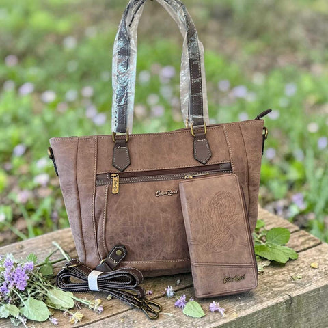 Cotton Road Handbag: BROWN PU Leather Handbag with Strap detail and Matching Wallet