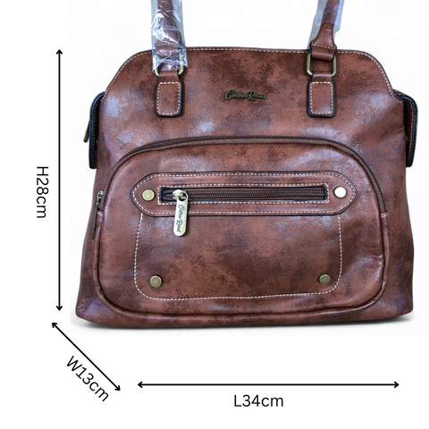Cotton Road Handbag: BROWN PU Leather Handbag with ZIP Pockets