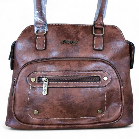 Cotton Road Handbag: BROWN PU Leather Handbag with ZIP Pockets