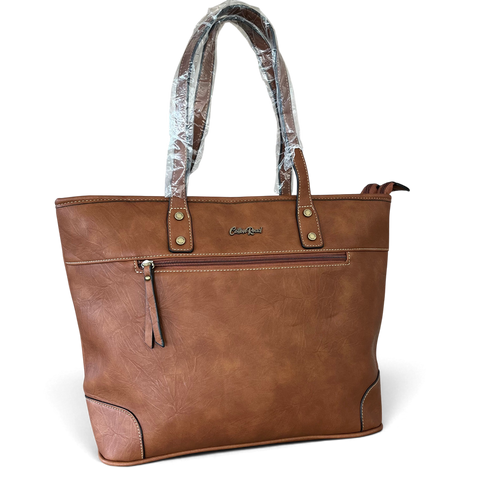 Cotton Road Handbag in brown PU leather with twin handles, contrast stitching and front zip pocket
