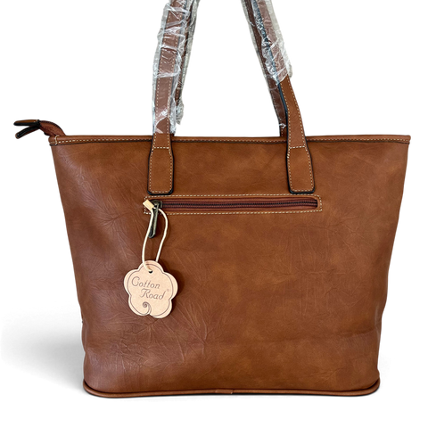 Cotton Road Handbag in warm brown PU leather with twin handles, front zip pocket and floral embossed texture