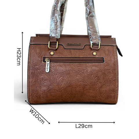 Cotton Road Handbag: BROWN PU Leather with EMBOSSED Panel