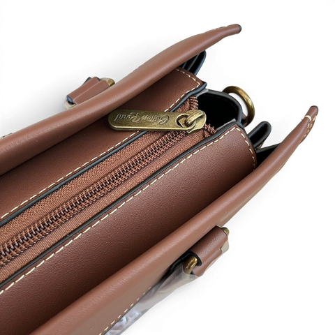 Cotton Road Handbag: BROWN PU Leather with EMBOSSED Panel