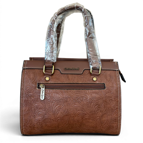 Cotton Road Handbag: BROWN PU Leather with EMBOSSED Panel