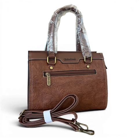 Cotton Road Handbag: BROWN PU Leather with EMBOSSED Panel