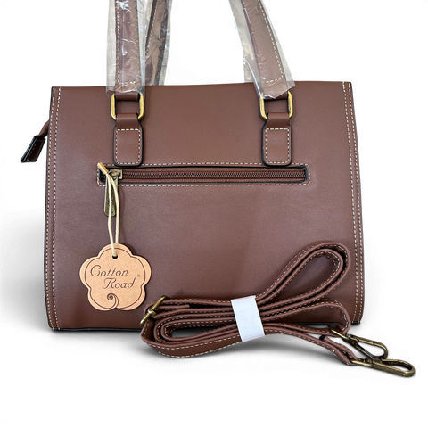 Cotton Road Handbag: BROWN PU Leather with EMBOSSED Panel