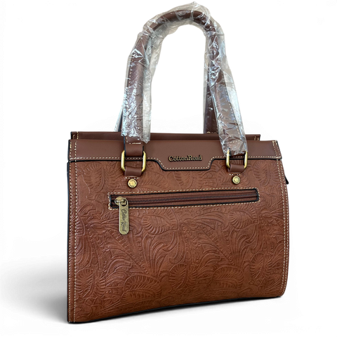 Cotton Road Handbag: BROWN PU Leather with EMBOSSED Panel