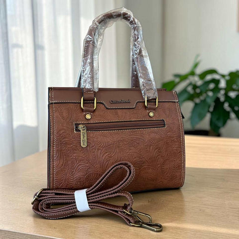 Cotton Road Handbag: BROWN PU Leather with EMBOSSED Panel