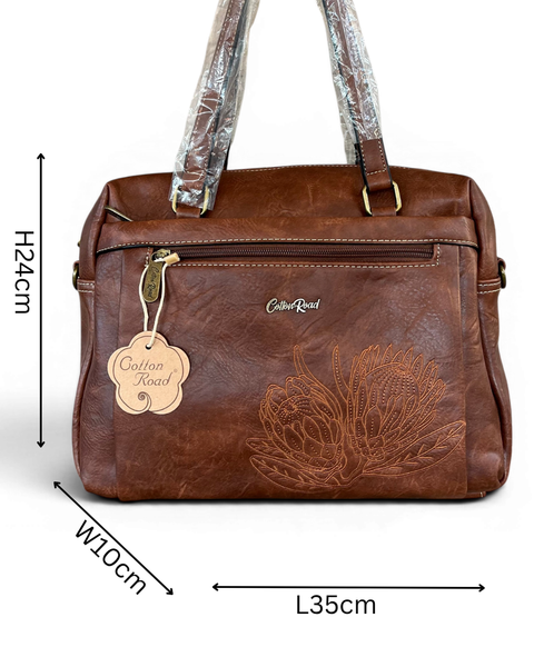 Cotton Road Handbag: BROWN PU Leather with EMBROIDERED PROTEA Design
