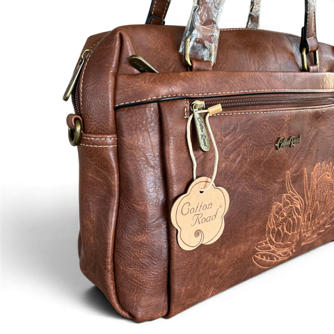 Cotton Road Handbag: BROWN PU Leather with EMBROIDERED PROTEA Design