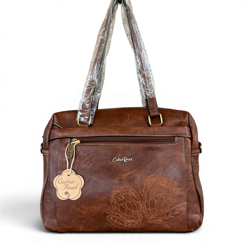 Cotton Road Handbag: BROWN PU Leather with EMBROIDERED PROTEA Design