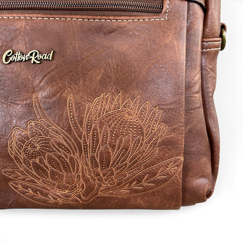 Cotton Road Handbag: BROWN PU Leather with EMBROIDERED PROTEA Design