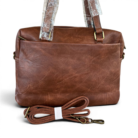 Cotton Road Handbag: BROWN PU Leather with EMBROIDERED PROTEA Design