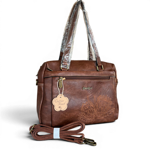 Cotton Road Handbag: BROWN PU Leather with EMBROIDERED PROTEA Design
