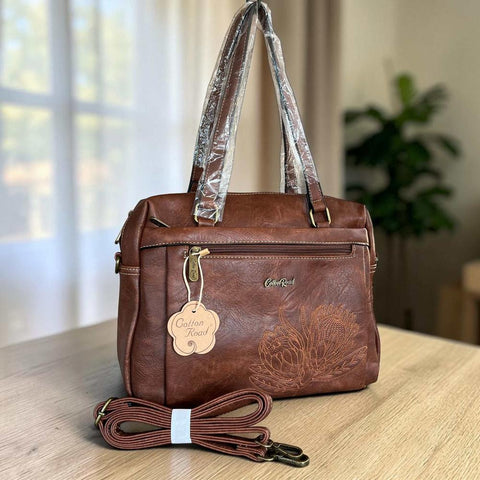 Cotton Road Handbag: BROWN PU Leather with EMBROIDERED PROTEA Design