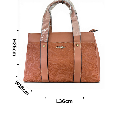 Cotton Road Handbag: BROWN PU Leather with LEAF Design with Matching Wallet