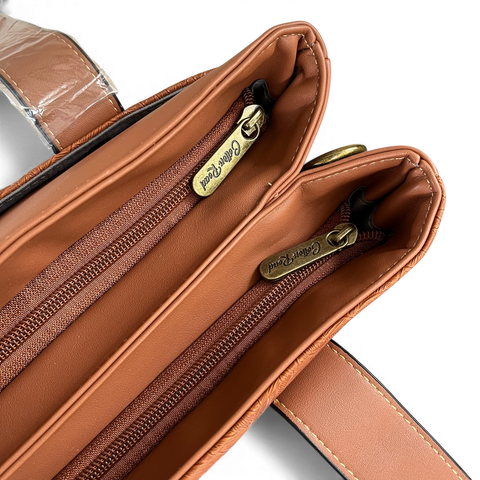 Cotton Road Handbag: BROWN PU Leather with LEAF Design with Matching Wallet
