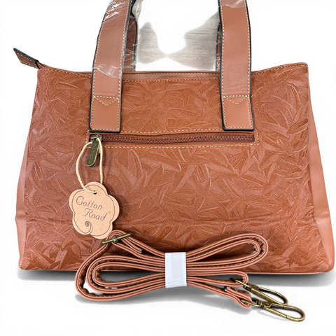 Cotton Road Handbag: BROWN PU Leather with LEAF Design with Matching Wallet