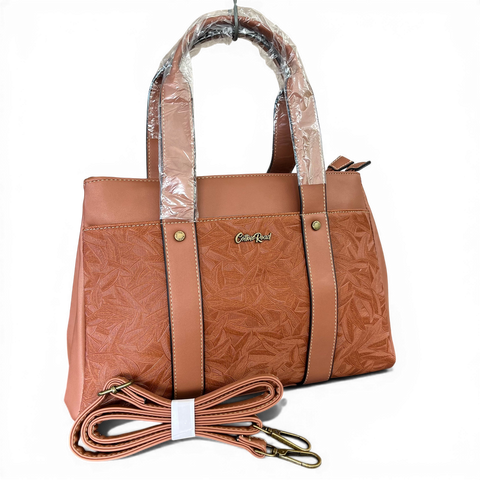 Cotton Road Handbag: BROWN PU Leather with LEAF Design with Matching Wallet