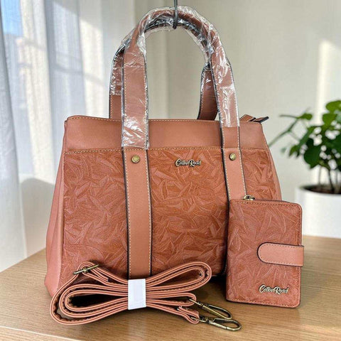 Cotton Road Handbag: BROWN PU Leather with LEAF Design with Matching Wallet