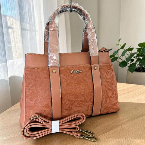 Cotton Road Handbag: BROWN PU Leather with LEAF Design