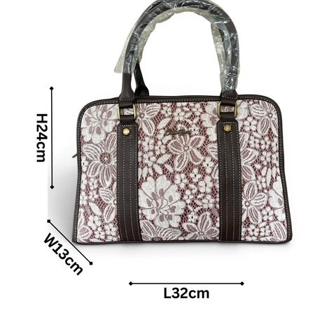 Cotton Road Handbag: BROWN PU Leather with Lace Print