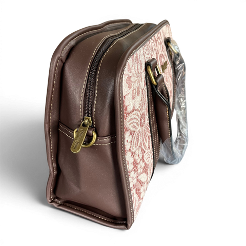 Cotton Road Handbag: BROWN PU Leather with Lace Print
