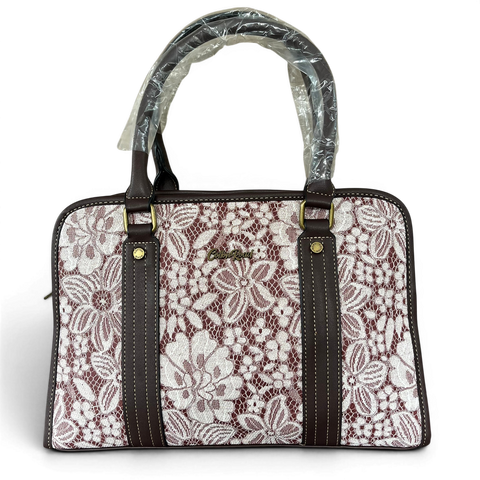 Cotton Road Handbag: BROWN PU Leather with Lace Print