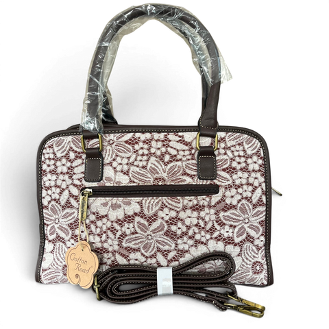 Cotton Road Handbag: BROWN PU Leather with Lace Print