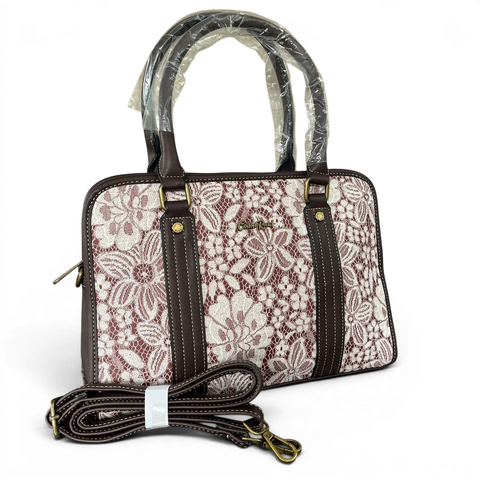 Cotton Road Handbag: BROWN PU Leather with Lace Print