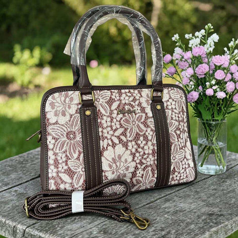 Cotton Road Handbag: BROWN PU Leather with Lace Print