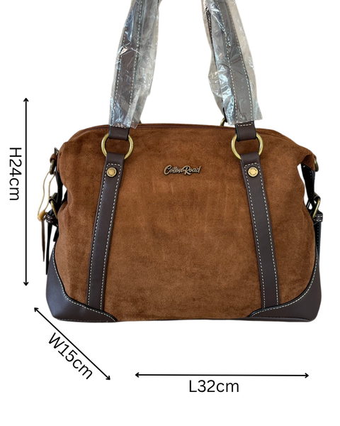 Cotton Road Handbag: BROWN SUEDE-Look PU Leather with Buckle Detailing