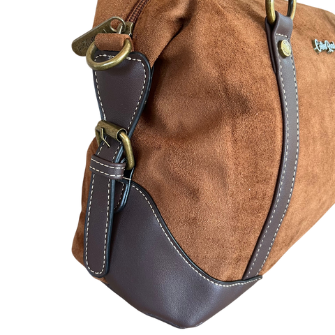 Cotton Road Handbag: BROWN SUEDE-Look PU Leather with Buckle Detailing