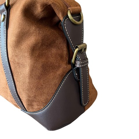 Cotton Road Handbag: BROWN SUEDE-Look PU Leather with Buckle Detailing