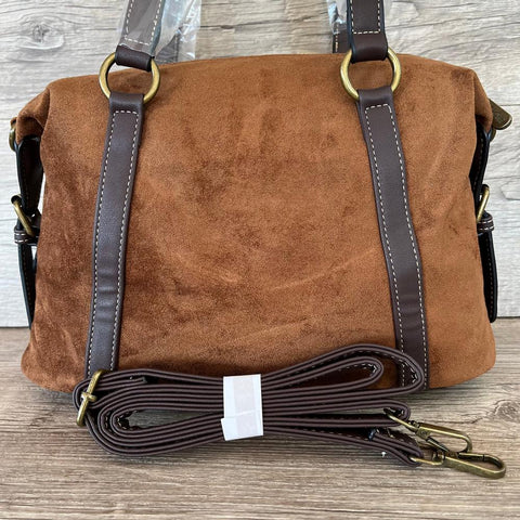 Cotton Road Handbag: BROWN SUEDE-Look PU Leather with Buckle Detailing