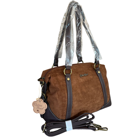 Cotton Road Handbag: BROWN SUEDE-Look PU Leather with Buckle Detailing
