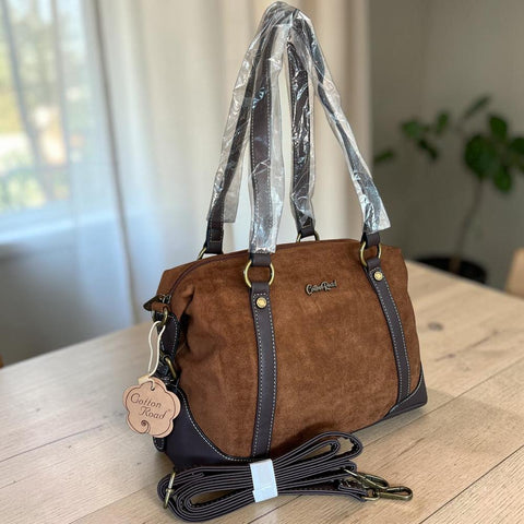 Cotton Road Handbag: BROWN SUEDE-Look PU Leather with Buckle Detailing