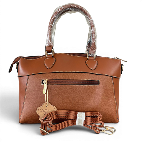 Cotton Road Handbag: BROWN PU Leather Bag with Zip Divider and Matching Wallet