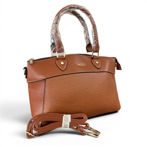 Cotton Road Handbag: BROWN PU Leather Bag with Zip Divider and Matching Wallet