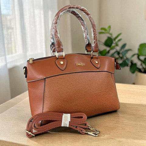 Cotton Road Handbag: BROWN Textured PU Leather Bag with Zip Divider