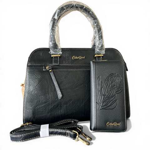 Cotton Road Handbag: Black PU Leather Bag with Matching Wallet for Elegance