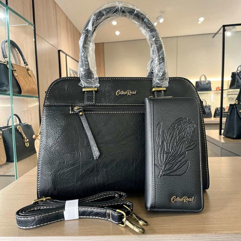 Cotton Road Handbag: Black PU Leather Bag with Matching Wallet for Elegance