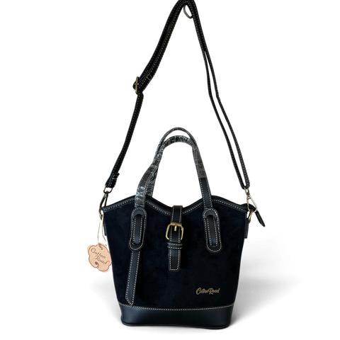 Cotton Road Handbag: Black PU Leather with Buckle Clip Design