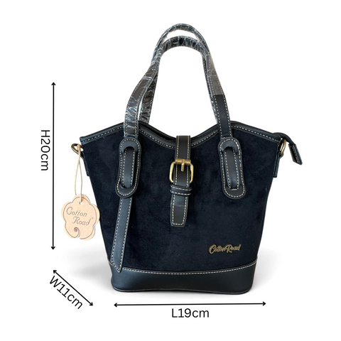 Cotton Road Handbag: Black PU Leather with Buckle Clip Design