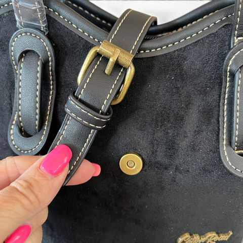 Cotton Road Handbag: Black PU Leather with Buckle Clip Design